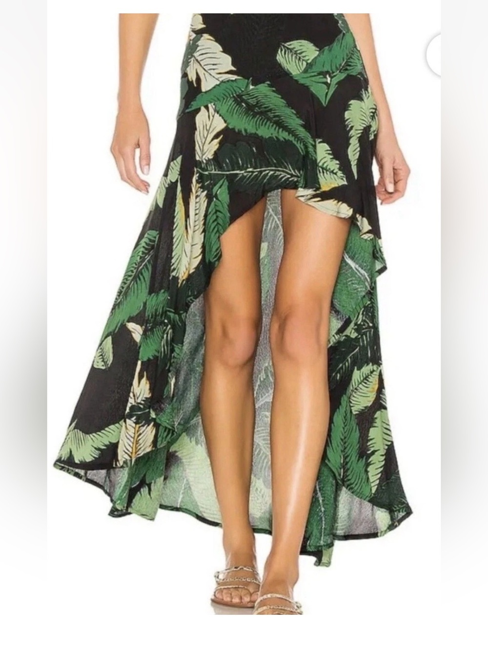 Tropical Palm Leaf High Waist Maxi Skirt Green Ruffle High Low Vacation Resort
